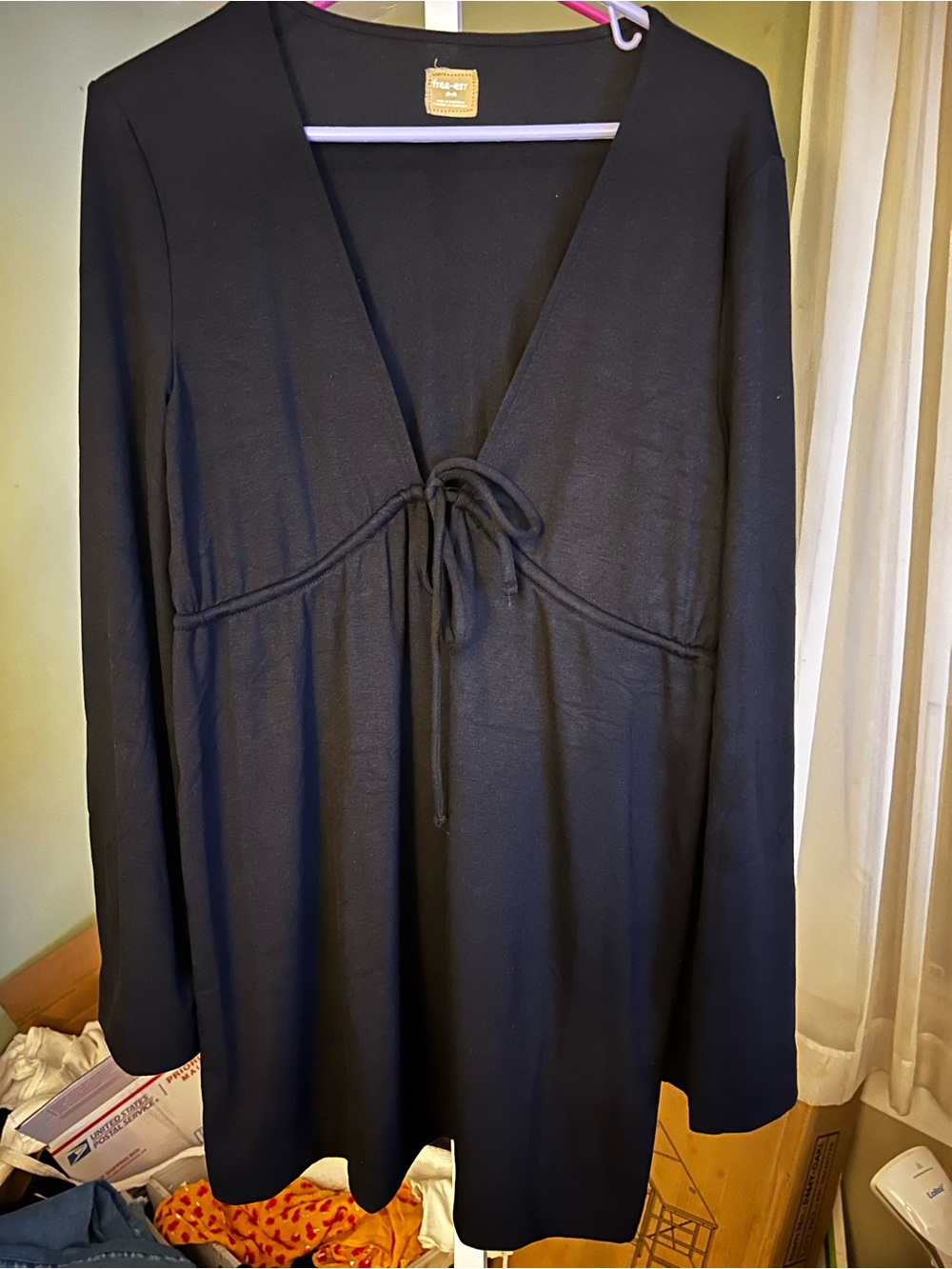 Black Long Sleeve Tie-Front Tunic/Dress/ cover up